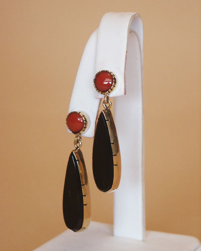 Earrings: Red Coral, Black Coral, 14K gold